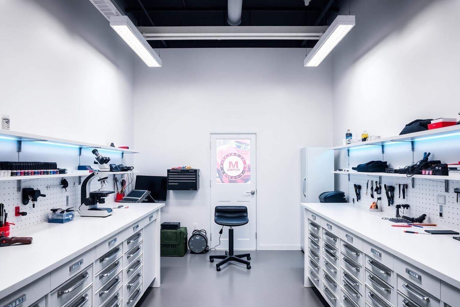 Electronic repair technician working on a device at a well-organized workstation